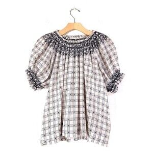 THE GREAT Linen Cotton Fair Top Puff Sleeve Blouse in Black Cream Check Large